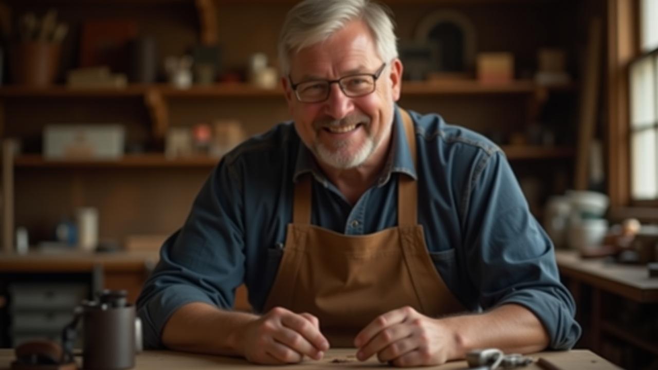 Jesse Clayton Hill thoughtfully examining a piece of pen material in his workshop, bathed in warm, soft light.