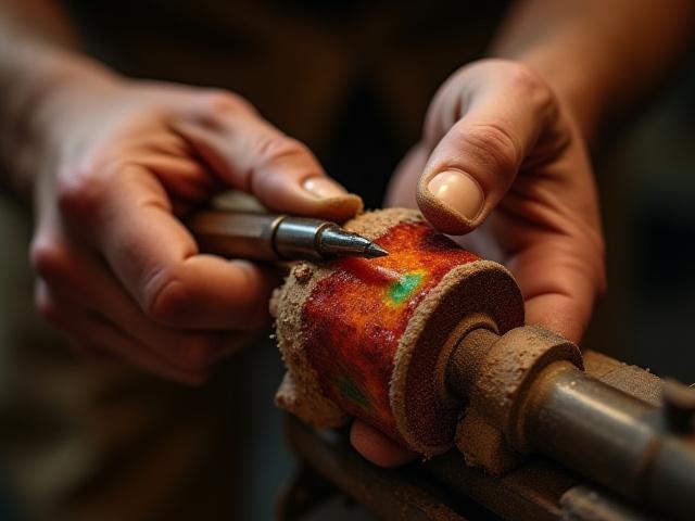 Jesse Clayton Hill's hands carefully shaping a pen barrel on a wood lathe.