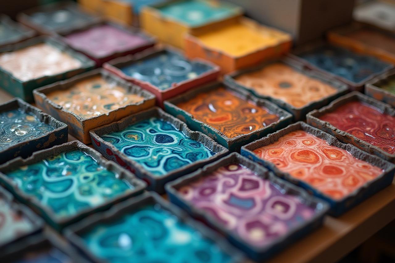 Trays of meticulously organized, colorful resin blanks awaiting their moment on the lathe.