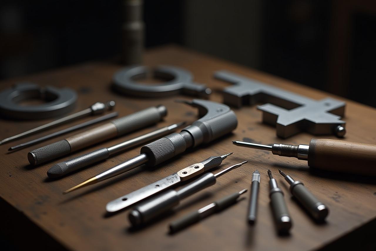An array of precision tools, including calipers, chisels, and micrometers, laid out in Jesse's workshop.
