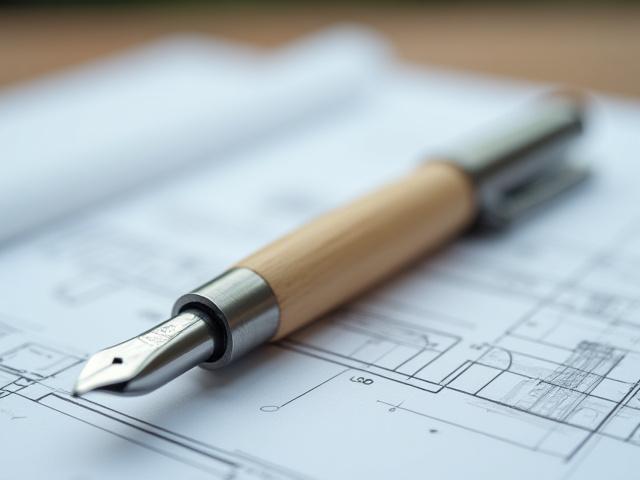 Fountain pen with a brushed titanium grip section and a barrel crafted from light-colored, finely grained wood.