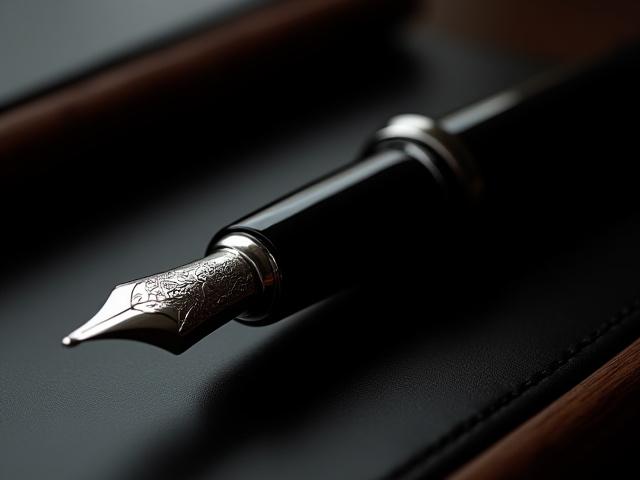 Sleek, black urushi fountain pen with a subtle, intricate platinum family crest inlay on the cap.