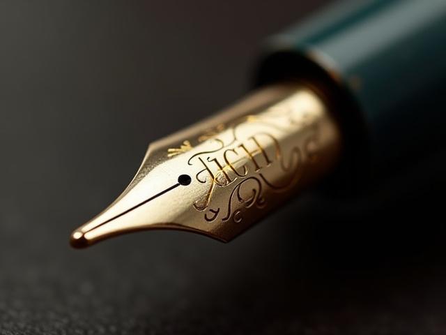 Close-up of a fountain pen clip with elegant initials 'JCH' engraved.