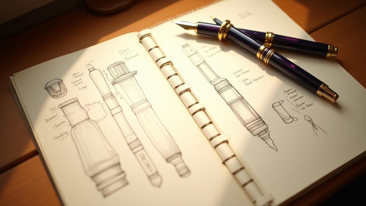 Artistic sketches of fountain pen designs with a finished bespoke pen, showcasing the journey from concept to creation.