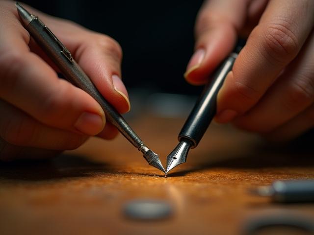 Macro shot of a skilled hand using a loupe and tools to meticulously adjust a fountain pen nib.