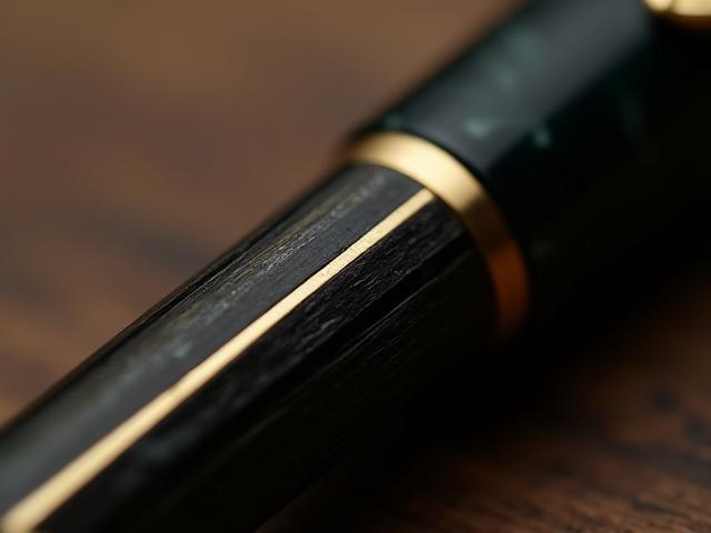 Fountain pen barrel featuring an ornate inlay of exotic wood and metal banding.