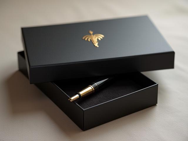 Luxurious custom pen packaging with a company logo tastefully hot-foiled on the lid.