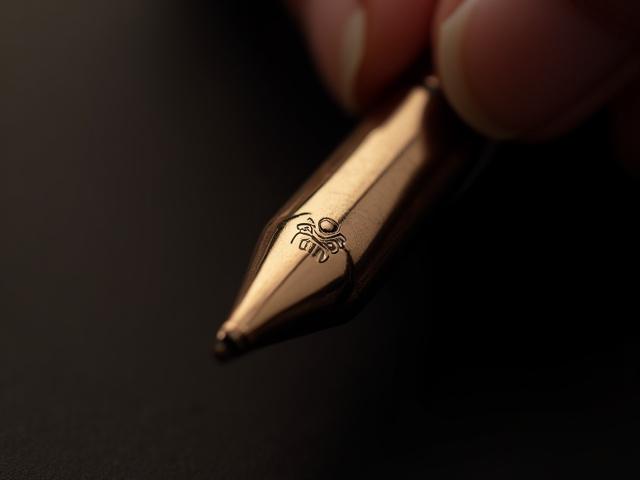 Close-up of a meticulously engraved company logo on a polished fountain pen clip.