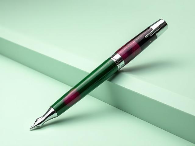 A modern fountain pen design featuring polished metal accents and a unique, ergonomic shape, 'The Innovator' model.