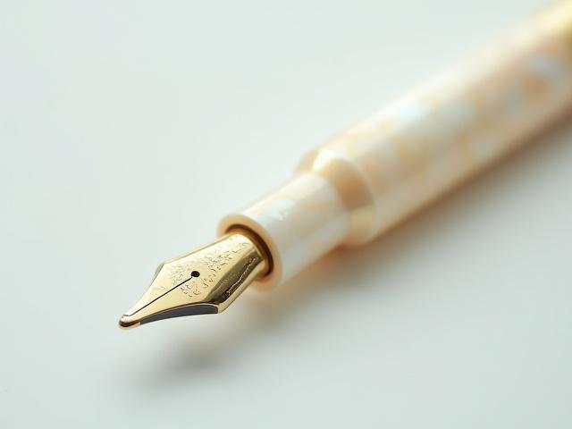 Custom resin pen, \
            'Brooks' Mother of Pearl' pattern, iridescent white and cream with subtle shimmer.