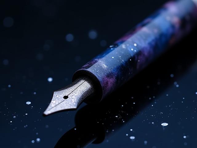 Custom resin pen, \
            'Custom Deep Space Pour' pattern, dark blues, purples, and silver flecks resembling a nebula.