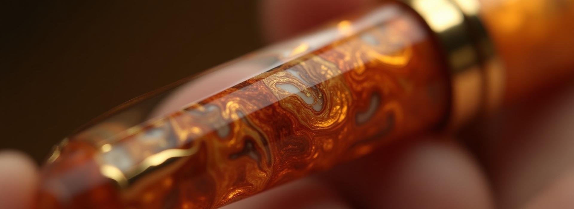Close-up of a vibrant, multi-colored custom resin fountain pen with swirling patterns, held elegantly for writing