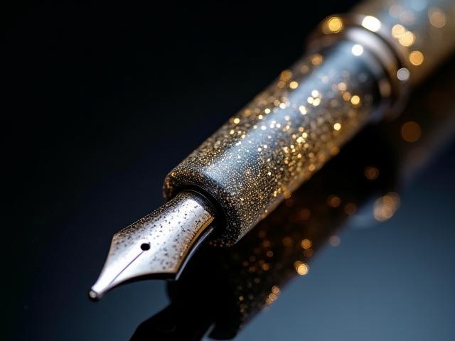 Custom resin pen, \
            Starlight Shimmer pattern, clear resin with fine silver and gold glitter.
