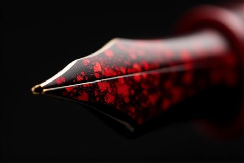 Close-up of a pen exhibiting Aka-Tamenuri (translucent red over black) urushi technique