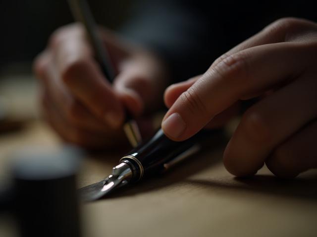 Artisan carefully applying a thin layer of urushi lacquer to a pen barrel
