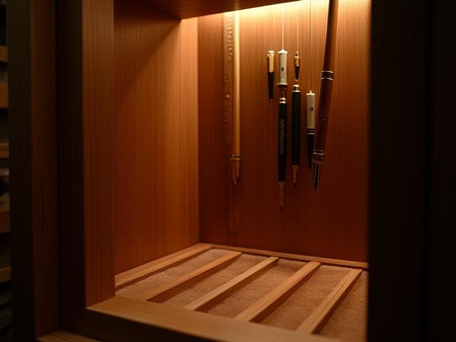 Urushi pens curing inside a traditional wooden furo (curing cabinet)