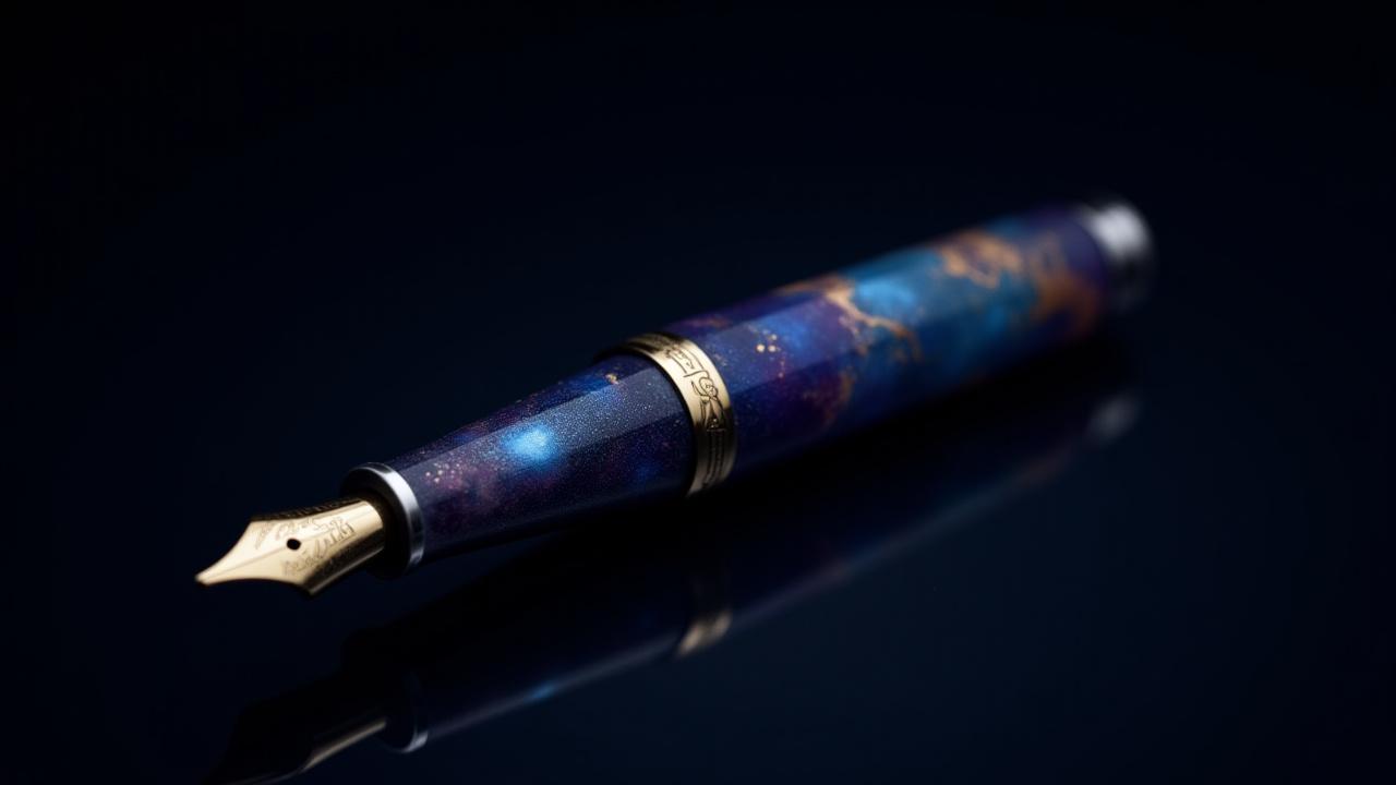 The 'Orion Nebula' Limited Edition fountain pen, showcasing swirling colors and gold trim