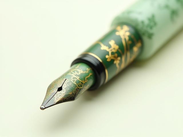 Close-up of 'The Aomori Forest' Urushi fountain pen, showcasing intricate Makie art and a deep green lacquer finish.