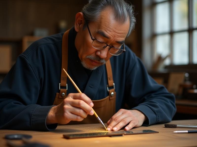 Portrait of Japanese Makie artist Koji Tanaka meticulously applying lacquer to a pen barrel in his studio, with traditional tools.