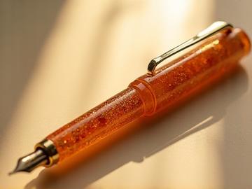 'Golden Harvest' fountain pen, featuring warm amber resin and gold details, marked with a prominent 'SOLD' banner.