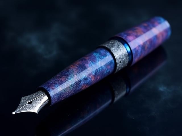 Sci-fi inspired fountain pen 'The Nebula' crafted from shimmering Timascus, with a unique blue and purple swirled pattern.