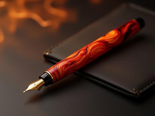 'Phoenix Rising' fountain pen, appearing sold out, featuring intricate red and gold resin work meant to evoke flames.