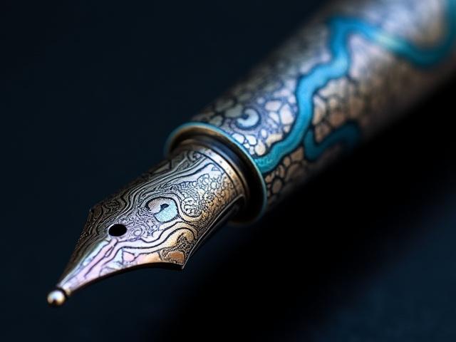 Detailed close-up of a pen section crafted from Timascus and Mokume-gane, showcasing the swirling, layered patterns of titanium and mixed metals.