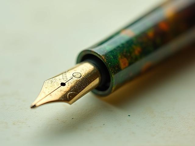 Close-up of a vintage-inspired pen barrel made from iridescent cellulose acetate, shimmering with depth and classic elegance.