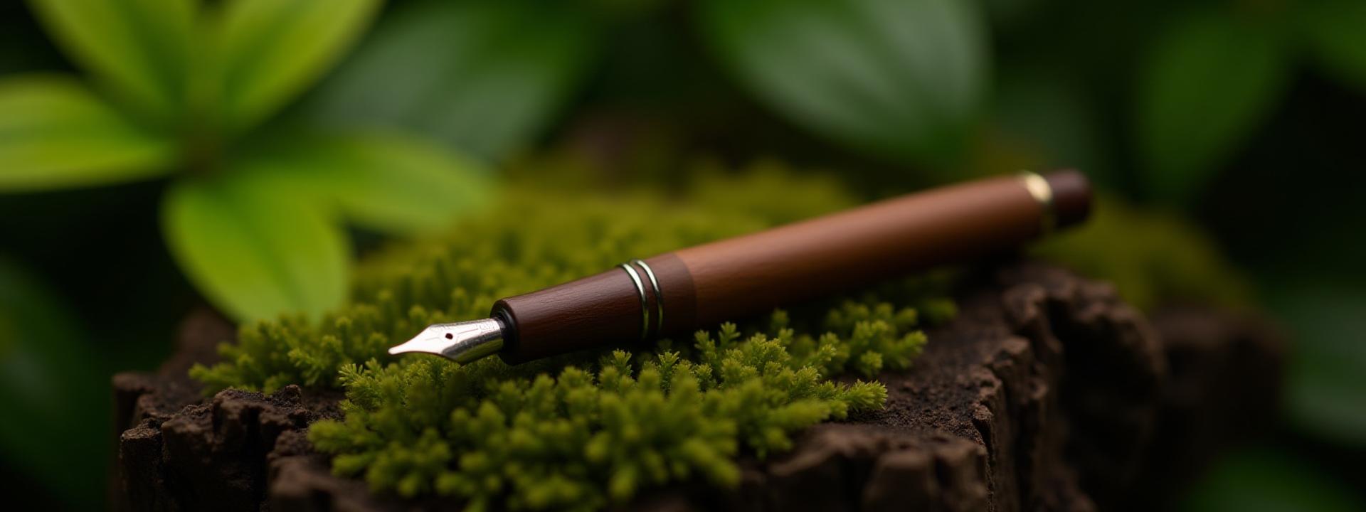 A handcrafted wooden fountain pen resting elegantly on a bed of vibrant green moss and bark, embodying natural luxury and sustainable craftsmanship.