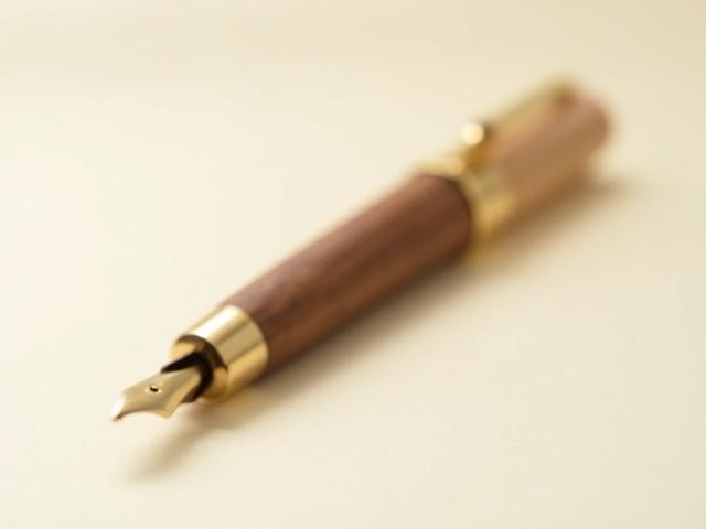 Elegant fountain pen crafted from reclaimed barn oak with polished brass accents.