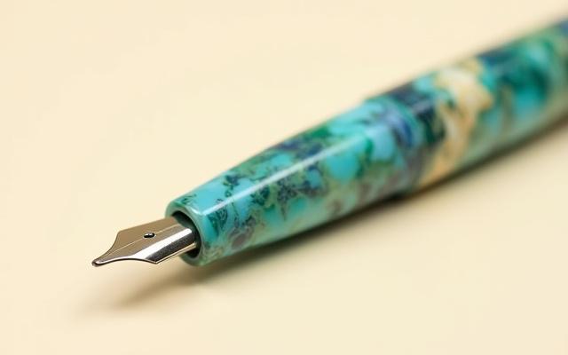 A vibrant fountain pen crafted from a swirling pattern of recycled resin, with deep blues and greens indicative of ocean-bound plastics.