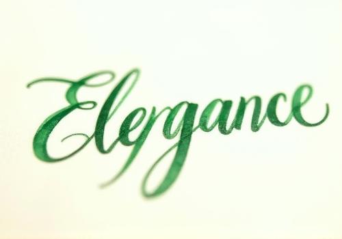Calligraphic writing sample of the word 'Elegance' done with a wet noodle nib, showing dramatic line variation from thin hairlines to broad swells, inked in deep emerald green.